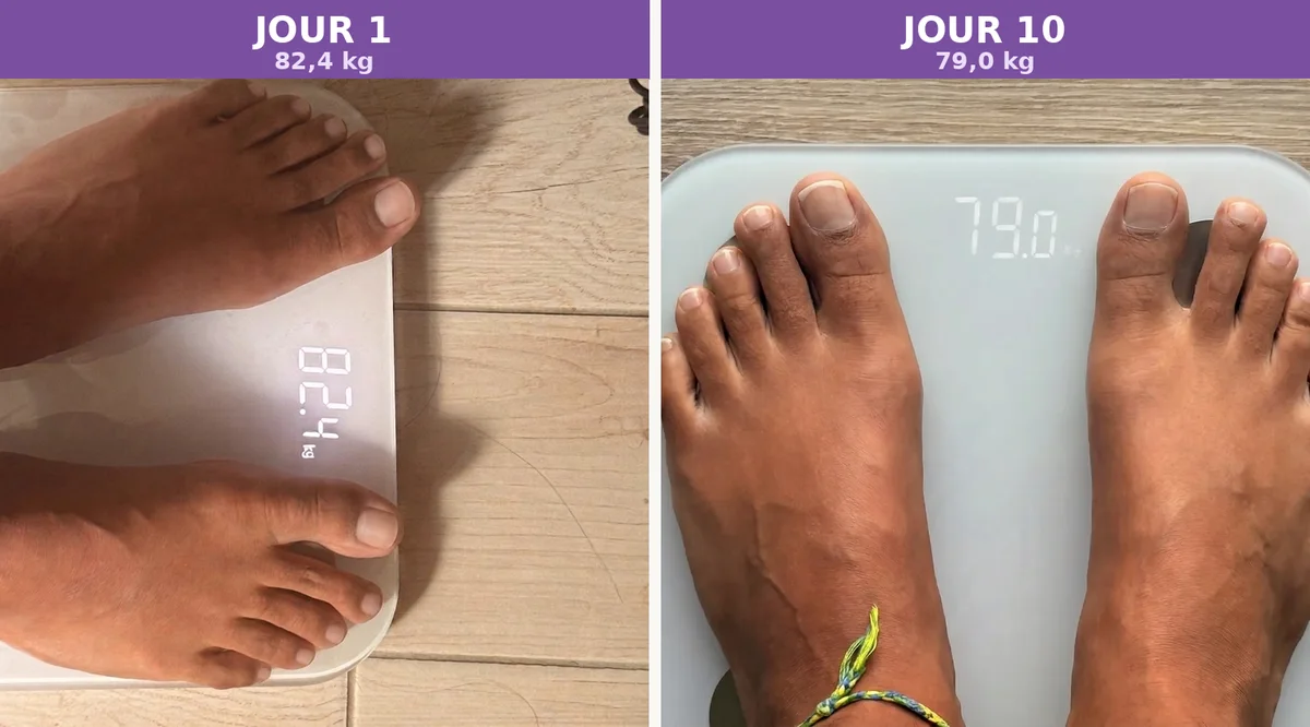 Balance avant et après le programme C9 Forever : 82,4 kg au départ